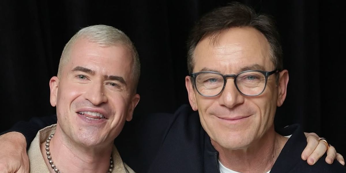 Jason Isaacs, pictured on the right, was seen wearing Oliver Peoples Finley Esq OV5298U 1436 Grey Fade optical glasses at The White Lotus Chaos Dinner ahead of the Season 3 final episode screening in Los Angeles