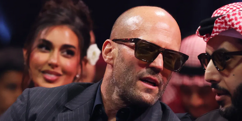 Jason Statham was seen wearing tortoise Mykita Sun Acetate Bold Lome C179 sunglasses at a boxing match between Tyson Fury vs Oleksandr Usyk in Saudi Arabia