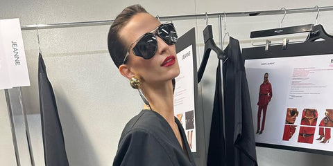 French model and girlfriend of Jake Gyllenhaal, Jeanne Cadieu, was seen modeling Saint Laurent SL M137/F Amelia 001 sunglasses backstage at the Saint Laurent Spring/Summer 2024 fashion show during Paris Fashion Week