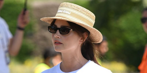 Actress Jenna Coleman was seen wearing black Miu Miu MU A06S 16K08Z sunglasses at the Wimbledon Tennis Championships 2025. Shop online now on Pretavoir