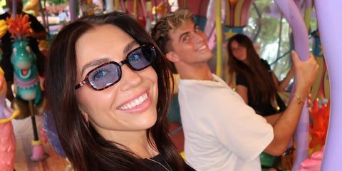 Dancer and choreographer Jenna Johnson was seen wearing brown tortoiseshell Miu Miu MU 11ZS 22C60O rectangular sunglasses with light blue lenses at Universal Studios Orlando in July 2025, shared on Instagram. Shop online now on Pretavoir