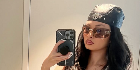 Digital creator Jenny Lin was seen wearing gold Miu Miu Rimless Runway MU 54YS 5AK06I sunglasses with brown lenses in her Instagram post, September 2025.