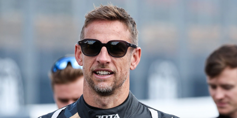 Jenson Button was seen wearing transparent dark opal grey Ray-Ban Erik RB 4398 6675/71 sunglasses during Le Mans Previews Day, June 2024