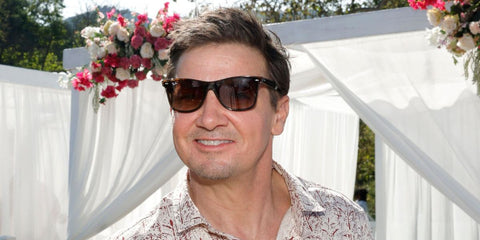 Hawkeye actor Jeremy Renner was seen wearing light tortoiseshell Ray-Ban Blaze Wayfarer RB 4440N 710/13 sunglasses with brown gradient lenses to attend the Rosé Day Los Angeles at King Gilette Ranch in Calabasas