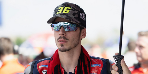 Spanish motorcycle racer Joan Mir was seen wearing black Oakley Radar EV Path OO9208 55 sunglasses with Prizm deep water Polarised lenses at the MotoGP of Thailand, February 2026.
