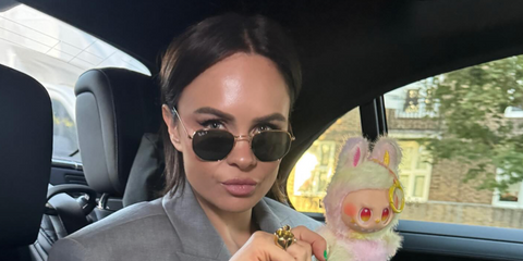 Irish comedian Joanne McNally was seen wearing gold Ray-Ban Hexagonal RB 3548N 001/58 Polarised sunglasses in her Instagram post, September 2025.