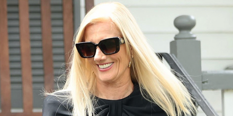 Joely Richardson was seen wearing tortoise Burberry BE4476 3002/74 square sunglasses with brow gradient lenses on the set of new Apple TV thriller series in New York City, August 2026.