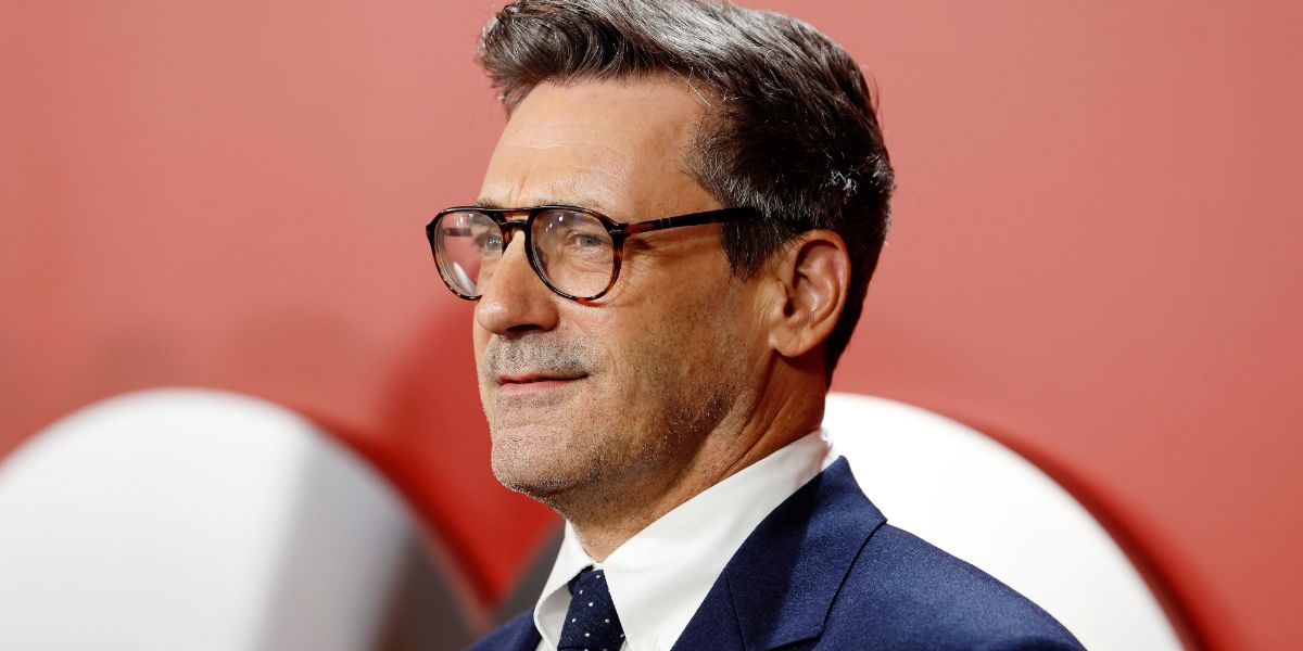 Jon Hamm is seen wearing tortoiseshell Persol Greta 3329V 24 glasses