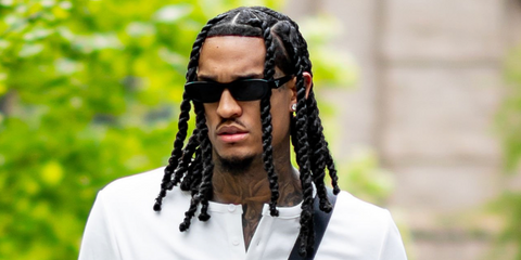 Basketball player Jordan Clarkson of New York Knicks was seen wearing black Prada PR B06S 16K08Z sunglasses in Midtown Manhattan, April 2026.