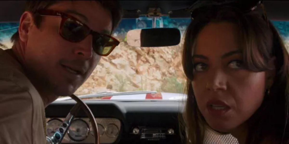 Josh Hartnett, pictured with Aubrey Plaza, was seen wearing tortoiseshell Ray-Ban Wayfarer 2140 902 sunglasses with green lenses in 2023 movie Operation Fortune as Danny Francesco