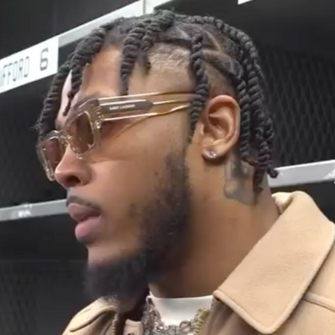 Amrican football player Josh Jacobs of the Green Bay Packers was seen wearing transparent Saint Laurent Sun SL 572 003 sunglasses in January 2025.