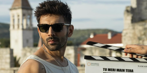 Bollywood actor Kartik Aaryan was seen wearing black Montblanc MB0320S 001 sunglasses while filming in Croatia, shared on Instagram in May 2025. Shop online now on Pretavoir
