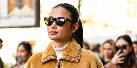 Filipino-American model Kelsey Merritt was seen wearing DMY Studios Louise DMYSUN16TSB Black sunglasses during Paris Fashion Week season Fall/Winter 2025. Shop online now on Pretavoir