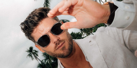 Model Kevin Lutolf was seen wearing transparent Hugo Boss 1505/S KB7QT sunglasses in Miami, shared through his Instagram post in March 2023.