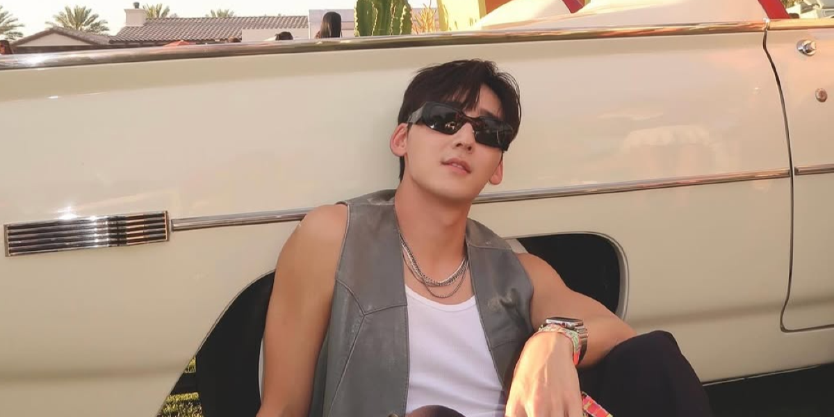 Kevin Woo was seen wearing tortoiseshell Prada PR 17WS 2AU8C1 Symbole sunglasses with brown lenses at the 818 Outpost during Coachella Music Festival 2025.