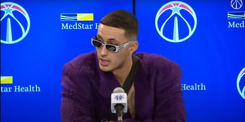 Kyle Kuzma is seen wearing crystal studded Balenciaga BB0096S 013 sunglasses in a postgame press conference Washington Wizards versus Dallas Mavericks