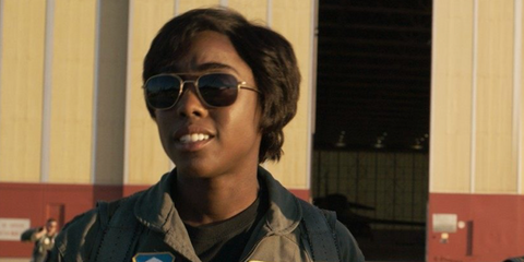 Lashana Lynch was seen wearing Randolph Aviator 23K Gold AF055 sunglasses with grey lenses in Captain Marvel