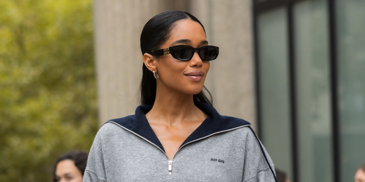 Laura Harrier was seen wearing black Miu Miu MU B04S 16K08Z sunglasses at the Miu Miu Spring/Summer 2026 fashion show during Paris Fashion Week. Shop online now on Pretavoir