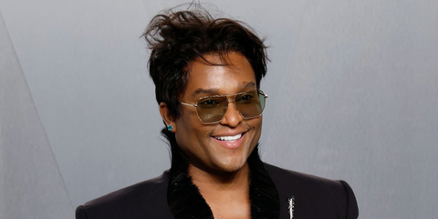 Celebrity stylist Law Roach was seen wearing gold Bottega Veneta BV1012S 008 aviatorsunglasses with brown lenses at the 2026 Vanity Fair Oscars Party in Los Angeles.