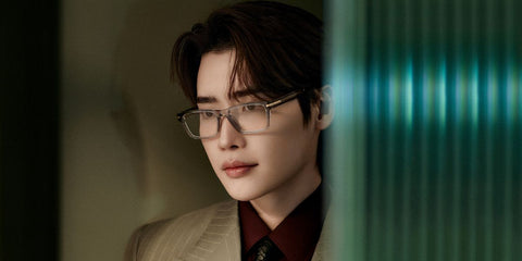 Lee Jong Suk was seen modeling transparent grey Hugo Boss 1740/F KB7 optical glasses in the Boss Fall/Winter 2024 eyewear campaign