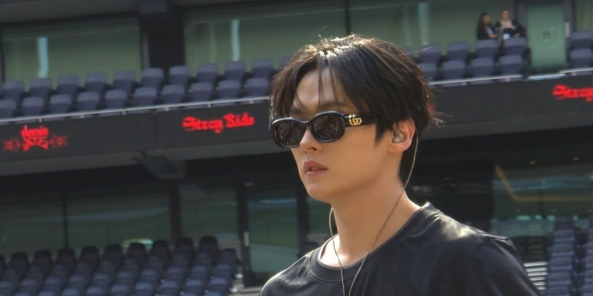 South Korean dancer and singer Lee Know of the K-Pop group Stray Kids was seen wearing black Gucci GG1829SK 001 sunglasses ahead of The dominATE Experience in London, July 2025.