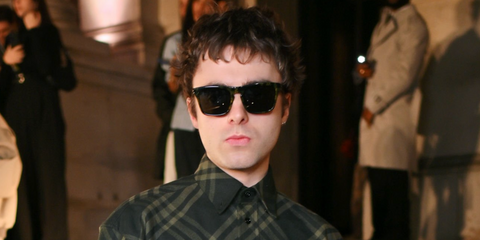 Model and musician son of Liam Gallagher, Lennon Gallagher, was seen wearing green checkered Burberry BE4434 4125/87 square sunglasses at the Burberry Fall/Winter 2025 fashion show during London Fashion Week