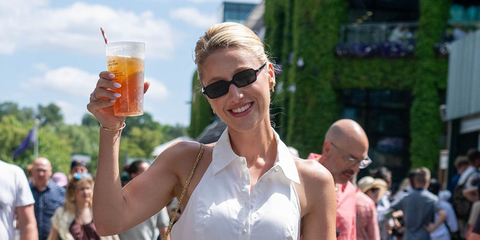 Luxury brand consultant Leonora Smee was seen wearing black Miu Miu Regard MU 11ZS 16K5S0 rectangular sunglasses at the Wimbledon Tennis Championships 2026.