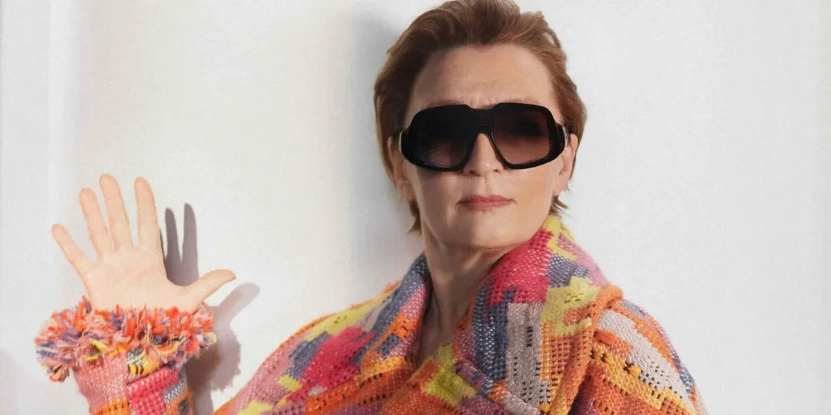 Actress Lesley Manville was seen wearing dark tortoiseshell Loewe Anagram LW40194I 52B sunglasses in the Loewe Fall/Winter 2025/2026 campaign, shot by Arnaud Lajeunie.