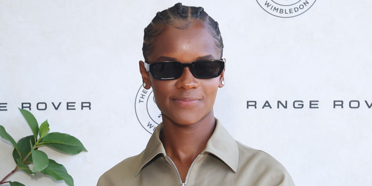 Letitia Wright was seen wearing black Prada PR B06S 16K08Z sunglasses at the Wimbledon Tennis Championships 2026 Final