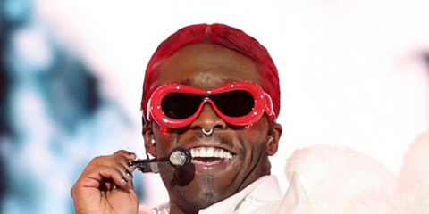 Lil Uzi Vert wearing red Loewe inflated sunglasses on stage at Coachella 2024