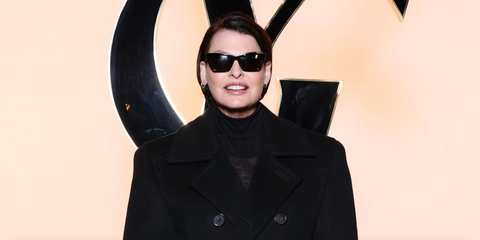 Linda Evangelista was seen wearing black Saint Laurent Sun SL 276 Mica 001 sunglasses at the Saint Laurent Fall/Winter 2024 fashion show during Paris Fashion Week.