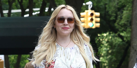Lindsay Lohan was seen wearing Oliver Peoples Tk-15 OV1365ST 5036/53 sunglasses with brown lenses on the set of Count My Lies in New York City, May 2026.