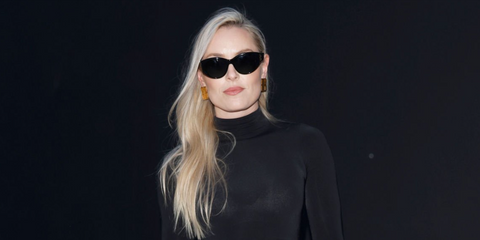 Lindsey Vonn was seen wearing black Balenciaga BB0324SK 002 sunglasses at the Balenciaga Fall/Winter 2025 fashion show during Paris Fashion Week