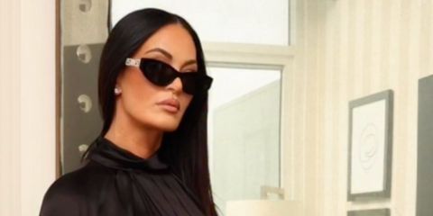 Lisa Barlow was seen wearing black Versace 4470B GB1/87 cat eye sunglasses in her Instagram reel, February 2026.