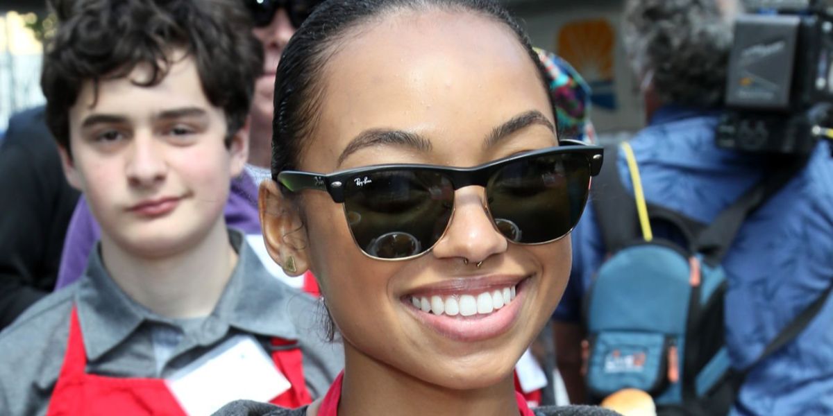 Actress Logan Browning was seen wearing Ray-Ban Clubmaster Oversized RB 4175 877 half-rim sunglasses at the Los Angeles Mission's Easter Celebration. Shop online now on Pretavoir