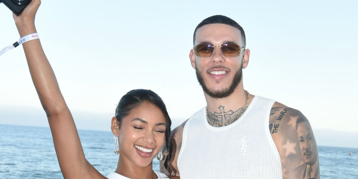 Lonzo Ball, pictured with Ally Rossel was seen wearing gold Cartier CT0468S 004 rimless sunglasses with brown gradient lenses at The h.wood Group's 10th annual red, white & bootsy 4th of July 2024 in Malibu