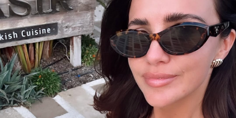 Lucy Mecklenburgh  was seen wearing tortoisehell Prada PR 26ZS 14L09Z cat eye sunglasses in her Instagram post, October 2025.