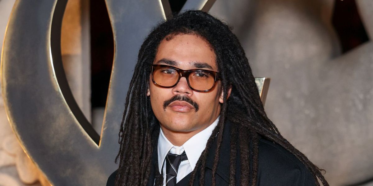 Luka Sabbat was seen wearing tortoiseshell Saint Laurent Sun SL 815 Romy 009 sunglasses with light brown lenses at the Saint Laurent Fall/Winter 2026 fashion show during Paris Fashion Week.