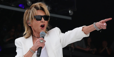 Scottish singer and actress Lulu was seen wearing black Prada PR 19WS 1AB5S0 swuare sunglasses onstage at the Glastonbury Festival 2025. Shop online now on Pretavoir