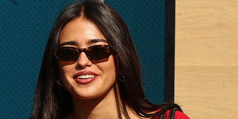 Argentine actress Maia Reficco was seen wearing tortoise Miu Miu MU A06S 14L09Z sunglasses at F1 Miami Grand Prix 2026