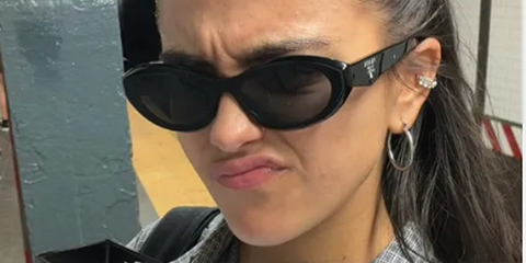 Argentine actress and singer Maia Reficco was seen wearing black Prada PR 26ZS 16K08Z cat eye sunglasses in New York City, April 2024