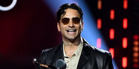 Maluma was seen wearing gold Bottega Veneta BV1301S 007 sunglasses with brown lenses as he acceoted the award for Artista Masculino Del Ano in the Pop category at the Univision's 38th Premio Lo Nuestro in Miami, February 2026