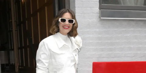 Mandy Moore is seen wearing white Prada PR 17WS 1425S0 sunglasses in New York City