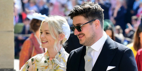 Marcus Mumford, pictured with Carey Mulligan, was seen wearing black Persol 3327S 95/31 half-rim sunglasses at the Royal Wedding of Prince Harry and Meghan Markle