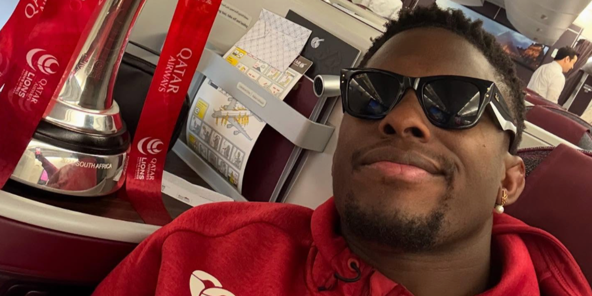 Rugby player Maro Itoje was seen waring black ASAP Rocky Blacked Out Collection Ray-Ban Mega Wayfarer RB 0840S 6826/J5 sunglasses following England's win at the Lions Men's Series Australia 2025. Shop online now on Pretavoir