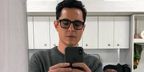 Max Minghella was seen wearing shiny black Gucci GG1584O 005 square optical glasses on set