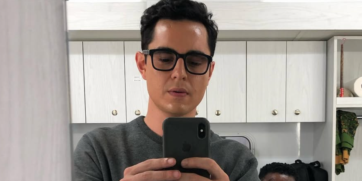 Max Minghella was seen wearing shiny black Gucci GG1584O 005 square optical glasses on set