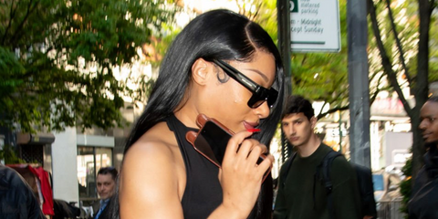 Megan Thee Stallion was seen wearing black Saint Laurent SL 628 001 sunglasses in New York City, May 2026.