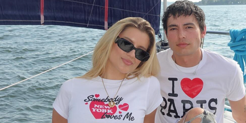 Australian actress and model Mia Healey was seen wearing black Prada PR 17WS 1AB5S0 Symbole Sunglasses in New York City, shared through her Instagram post in August 2024.