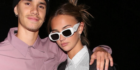 Model Mia Regan, pictured with ex Romeo Beckham, was seen wearing white Prada PR 17WS 1425S0 Symbole sunglasses.